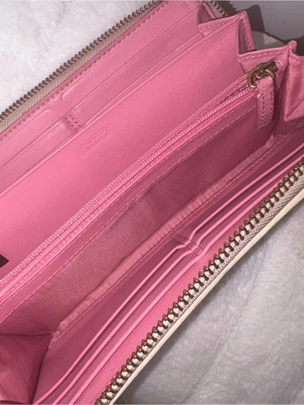 Coach Monogram Zip Wallet in Khaki, Cream & Pink Stripe